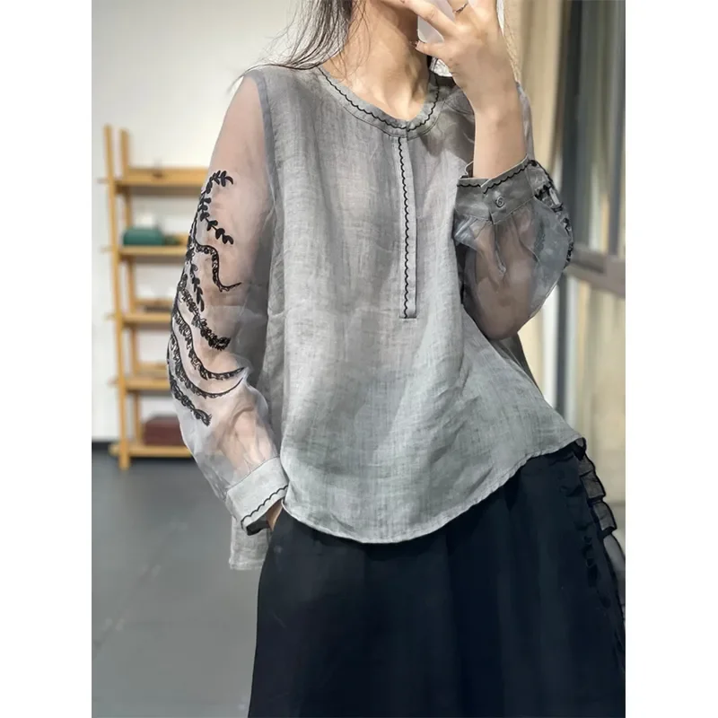 

Women's Sheer Embroidered Sleeve Linen Blouse with Button Placket Casual Loose Fit Top