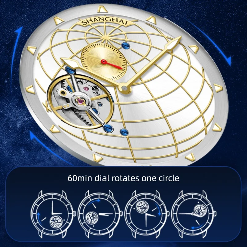 شنغهاي توربيون ووتش الرجال الميكانيكية ووتش دليل لف الدورية الاتصال الهاتفي العالمي الياقوت للماء الأعمال ساعة اليد