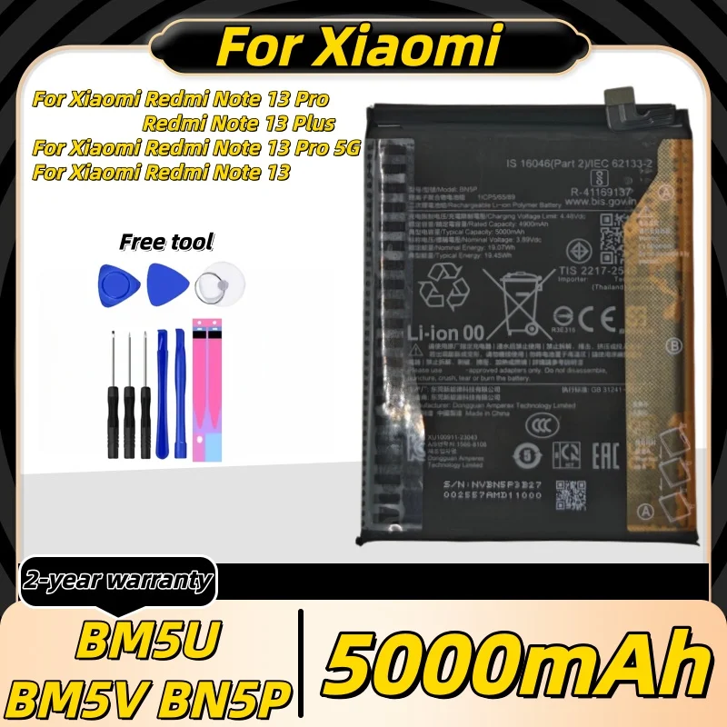 

BM5U BM5V BN5P 5000mAh lithium battery For Xiaomi Redmi Note 13/13 Pro/13Plus/13Pro 5G High Quality Phone battery +Tools