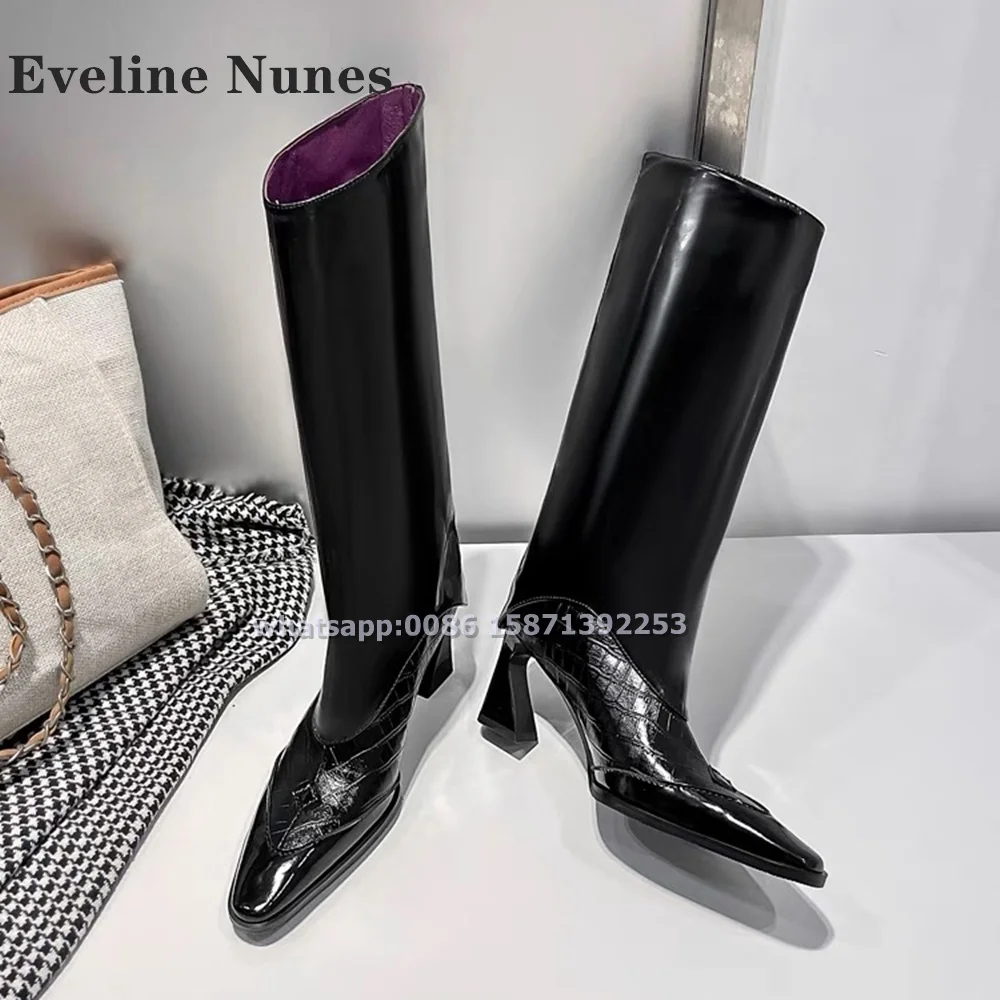 Turned-Over Edge Sleek Modern Boots Pointed Toe Strange Style Black Knee High Boots Textured Sexy Street Style Shoes Newest 2024