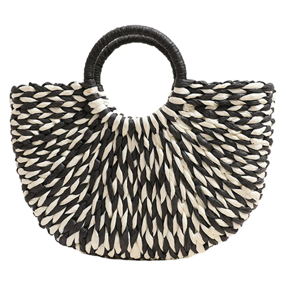 المرأة القش حقيبة يد سعة كبيرة حقيبة سفر عادية اللون الصدام شبه دائرة حقيبة من القماش الصيف حقيبة يد الشاطئ