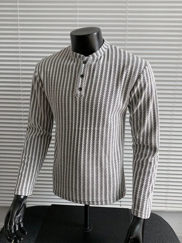 

Men's Long Sve Henry Collar T-irt Fibone Pattern American Stripes Sweater Inner Wear Autumn Faion Ci Casual Comfor...
