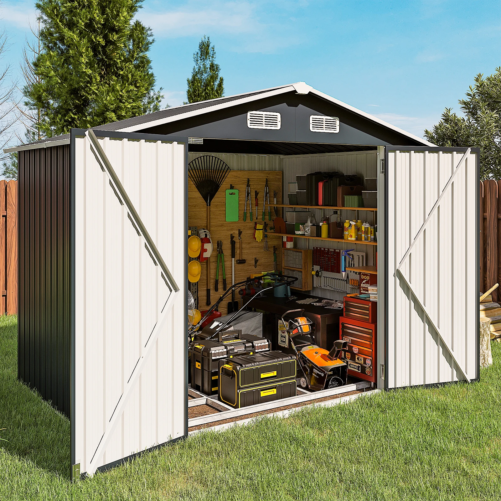 8 FT x 6 FT Outdoor Storage Shed, Steel Utility Tool Shed Storage House with Door & Lock for Backyard Garden Patio Lawn, Black