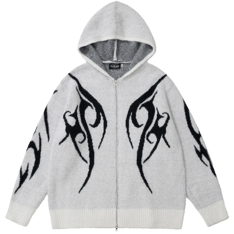 

Streetwear Sweater Totem Jacquard Hooded Knitted Cardigan Hip Hop Cotton Harajuku Tops Soft Y2K Pull Homme Hombre Mens Clothes