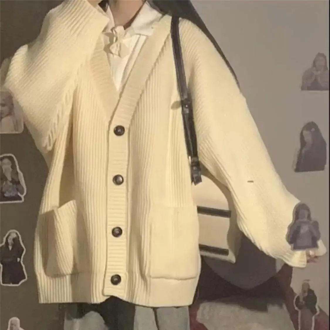 

Мягкая уютная вязаная верхняя одежда молочно-абрикосового цвета, женский топ на осень-зиму, свободный ленивый свитер для колледжа, вязаный кардиган