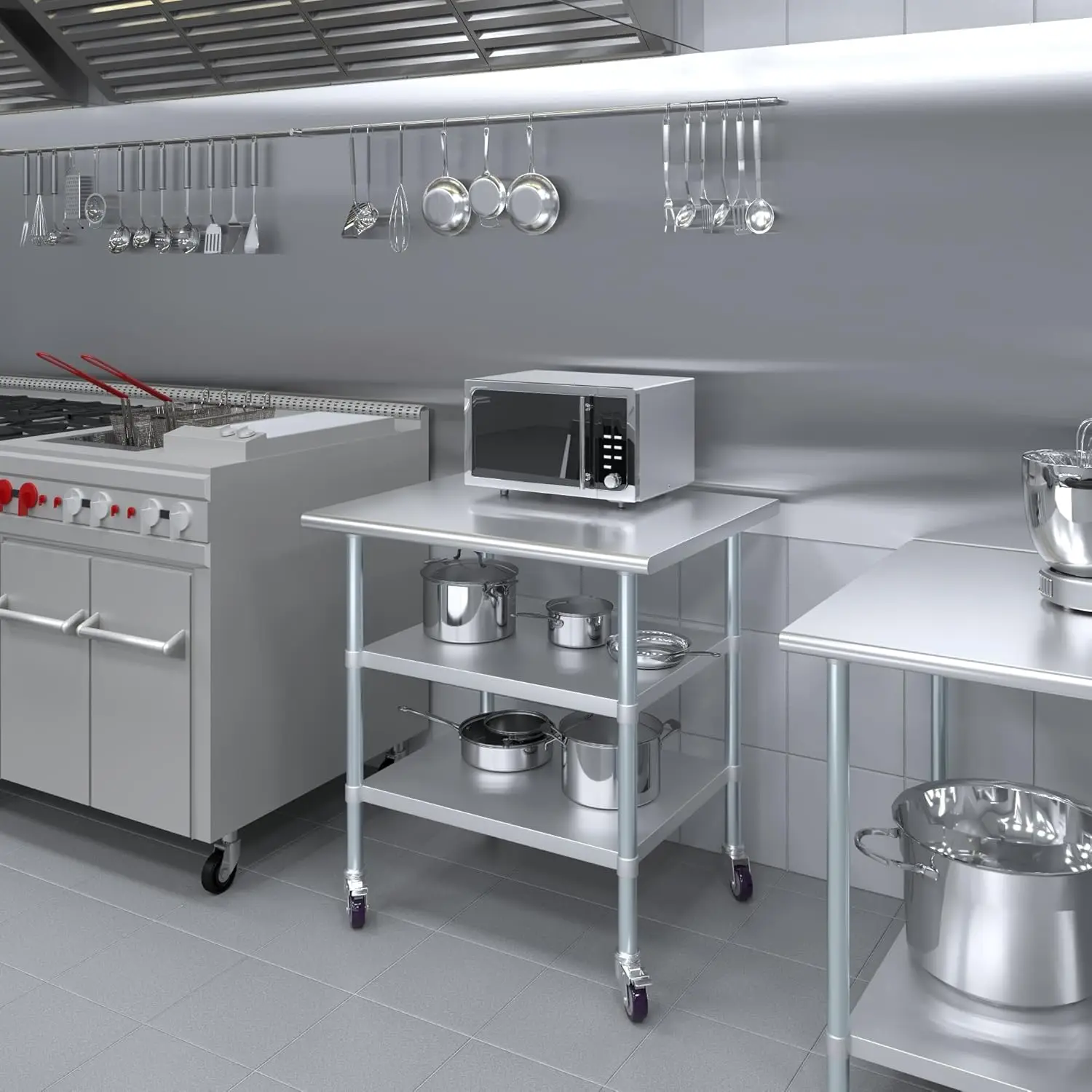 ood Stainless Steel Work Table With 2 Shelves And Casters | Metal Utility Table On Wheels (Stainless Steel Work Table With 2