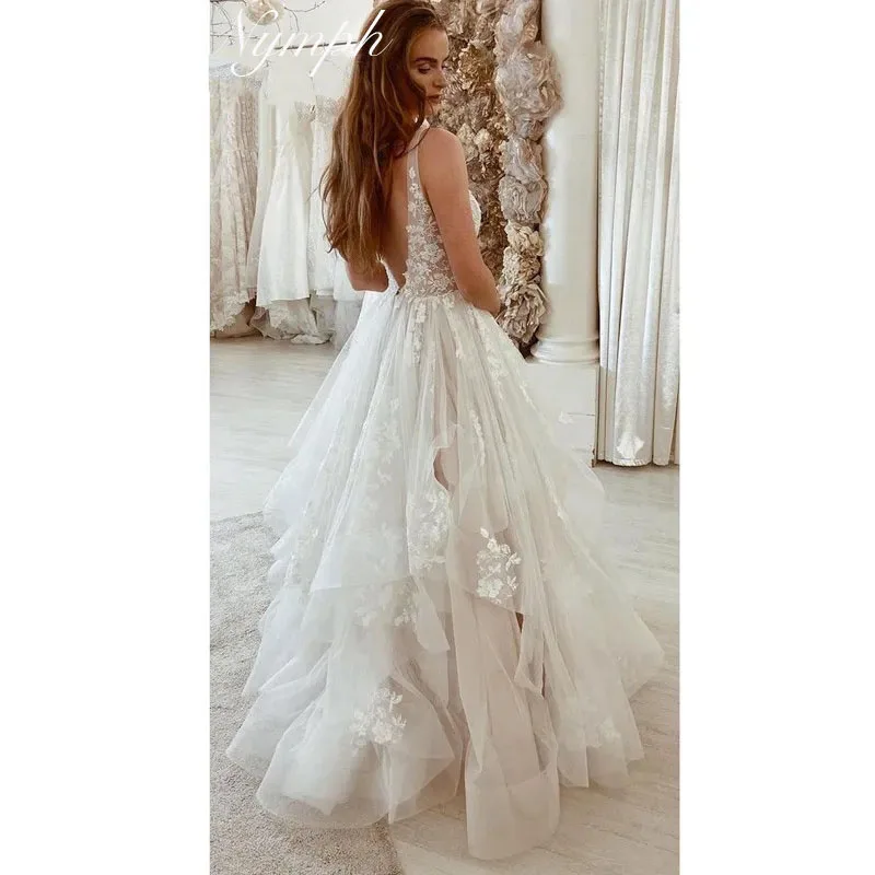 Robe de mariée trapèze personnalisée, col en v, style Boho, bouffante, en Tulle, grande taille, avec des Appliques en dentelle, dos nu, pour fête de mariage