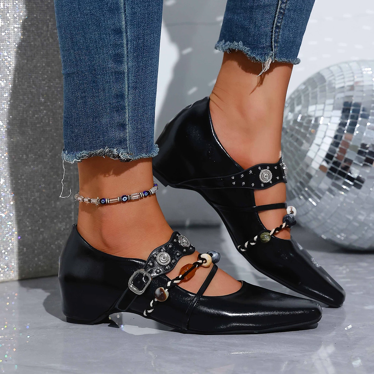 أحذية نسائية بكعب منخفض أحذية كلاسيكية على الطراز البريطاني بمقدمة مدببة أحذية ماري جين للنساء بكعب عالي من الجلد بإبزيم Zapatos De Mujer #3