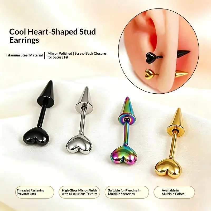 Stainless Steel 3Pcs Heart Spike Earrings Mirror Polished Secure Screw Back Suitable for Daily Outdoor Wear for Women