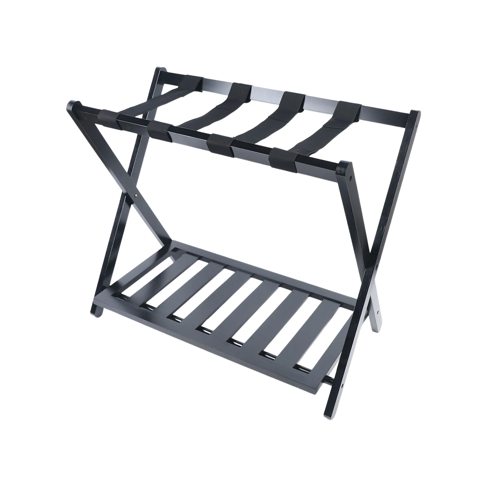 Double-Layer Folding Luggage Rack Bamboo Wood Portable Home Suitcase Luggage Rack Double Tiers Luggage with Black Straps