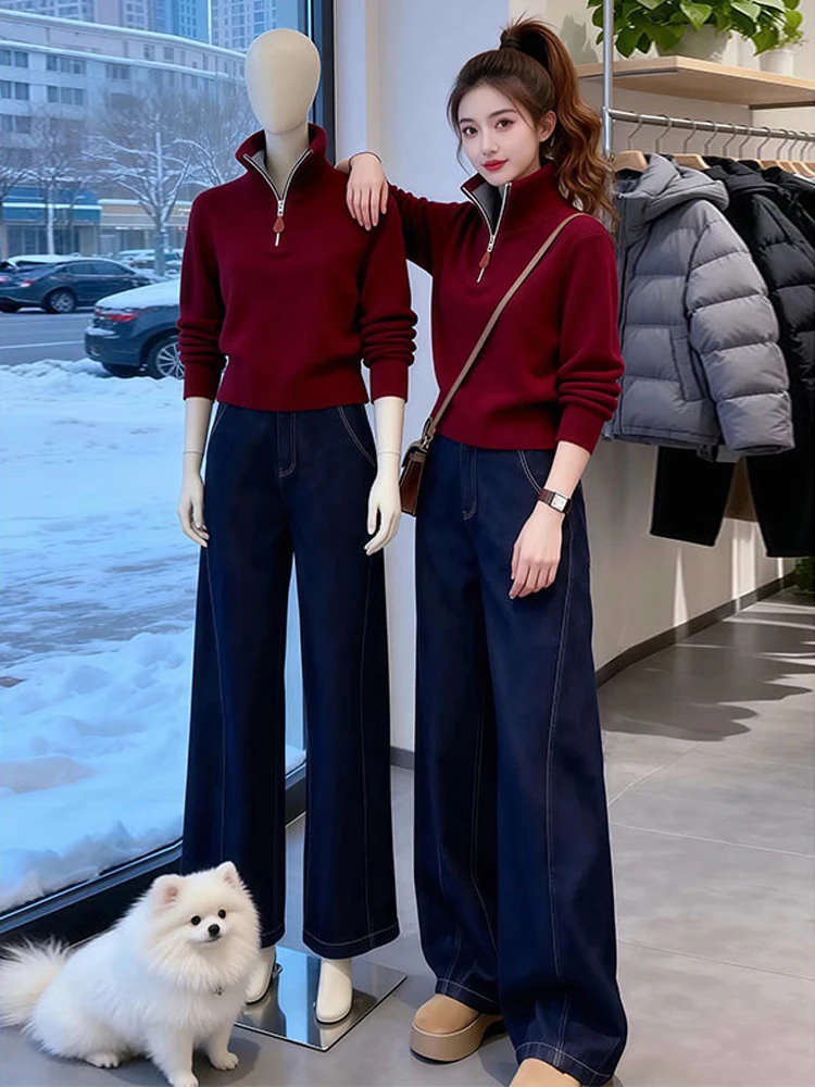 

Красный длинный вязаный свитер с воротником-стойкой на молнии, женская внутренняя одежда, повседневная облегающая одежда, удобная дышащая одежда