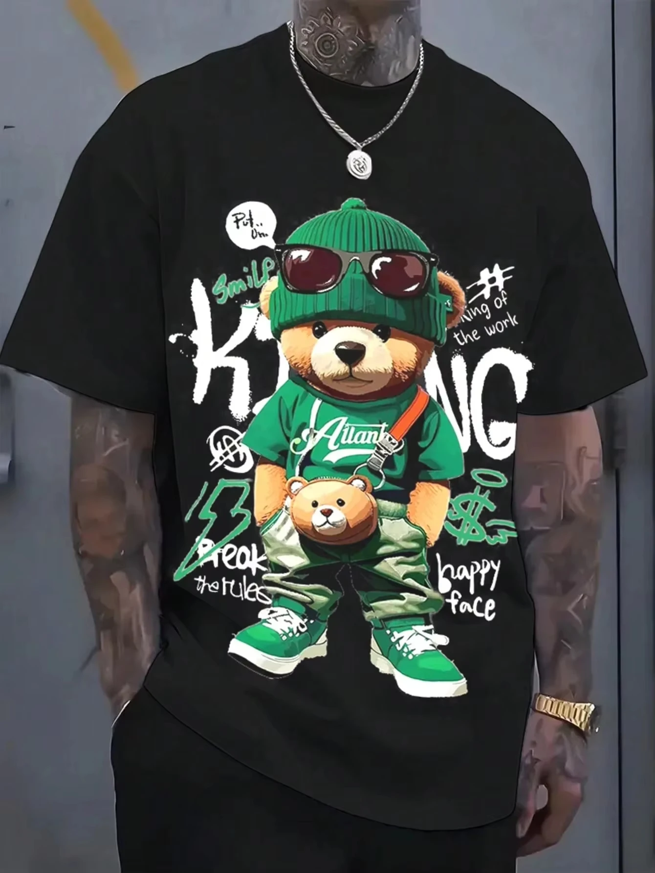 

Cartoon Bear Pattern Men's T-Shirt Comfortable Short Sleeve Pullover Men's Outdoor Wear Summer Street Trend Y2K Unisex