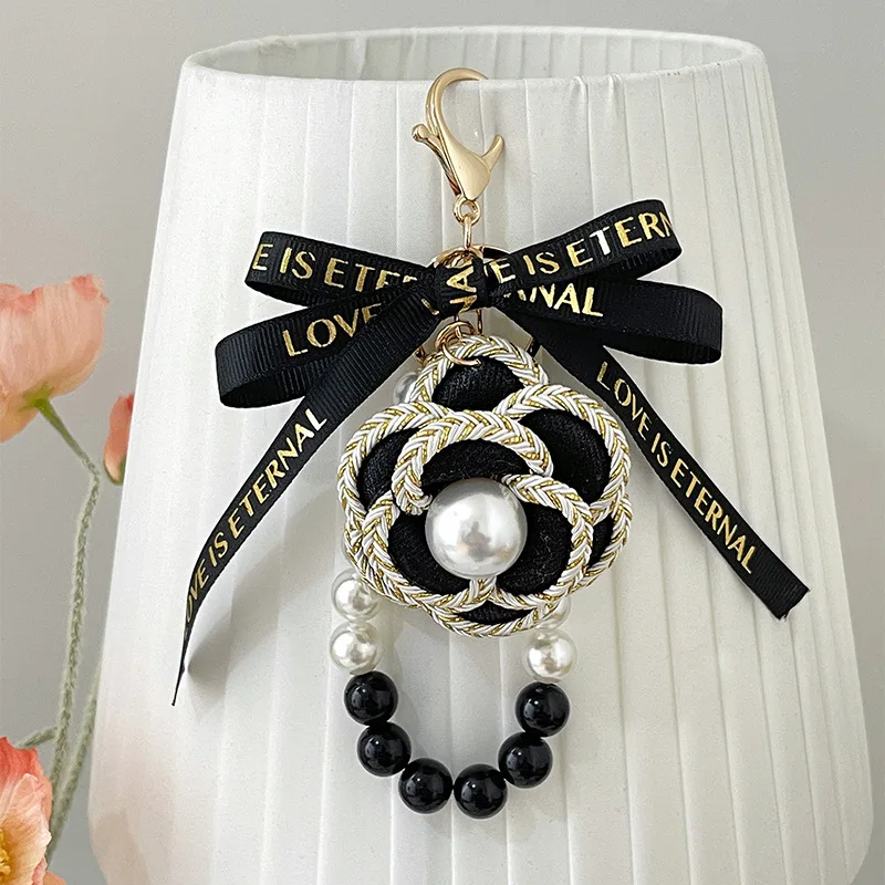 Women\'s Handmade Fabric Bow Keychains Black White Pearl Chain Camellia Key Chain Car Key Ring Bag Charm Girl Keyring Gifts Korea