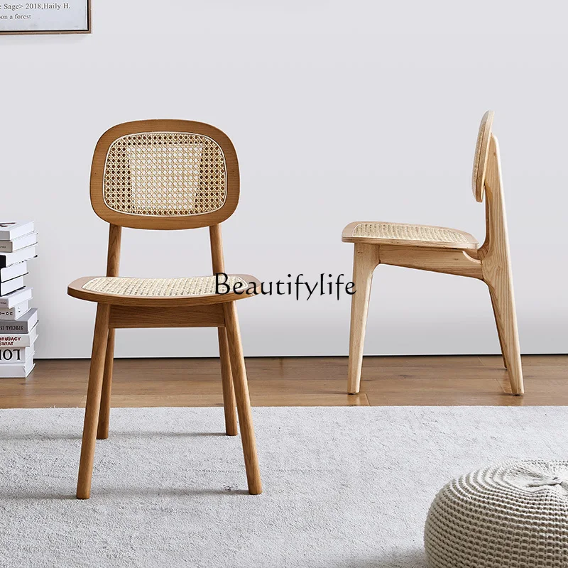 Nordic Rattan Dining Chair Modern Minimalist Solid Wood Back Stool