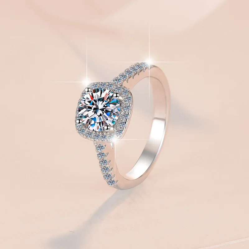 1 carat moissanite ring square bag square sugar cube high-end jewelry jewelry 925 sterling silver ring