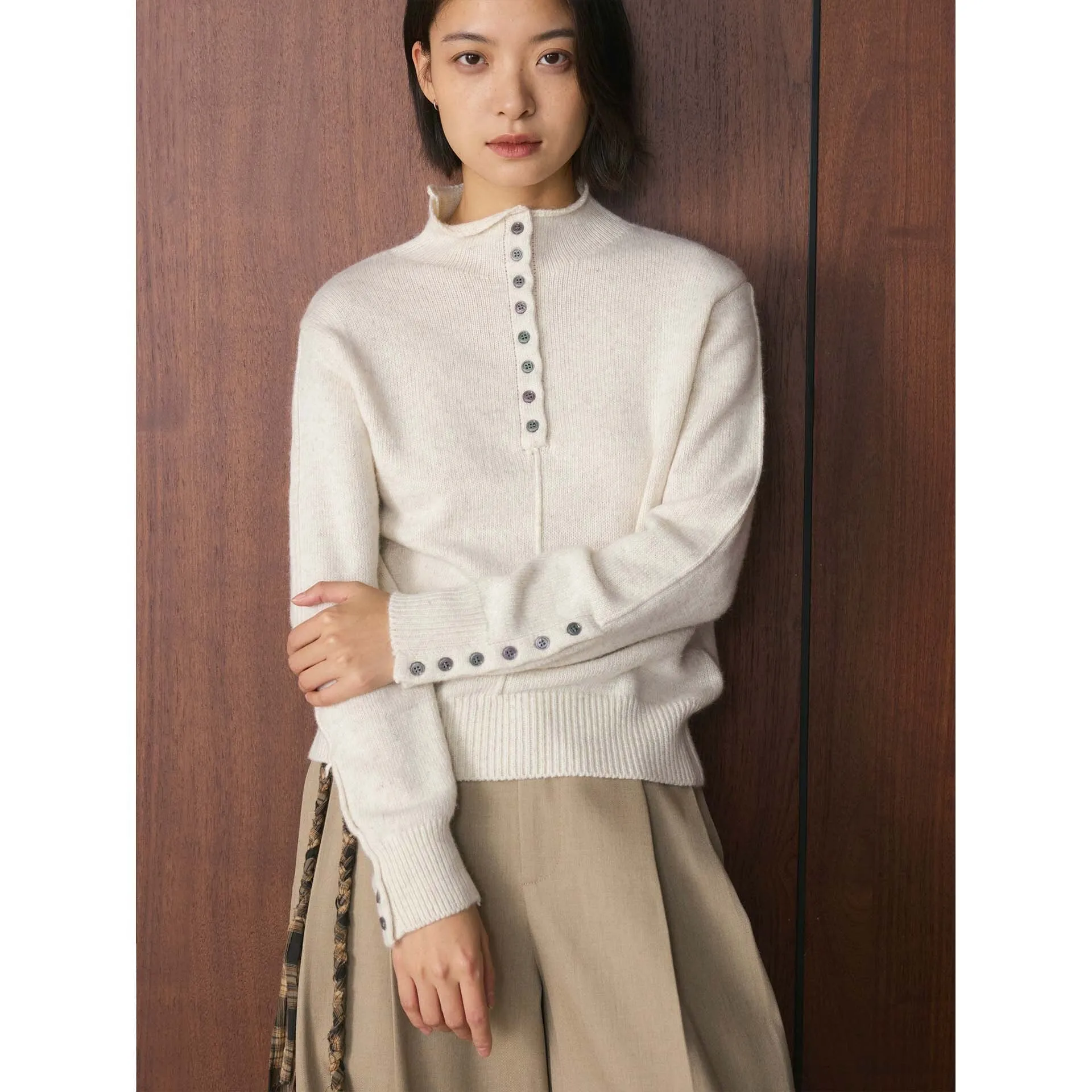 

Winter Half Turtleneck Multi-button Knitted Sweater Slim Fit Top For Women