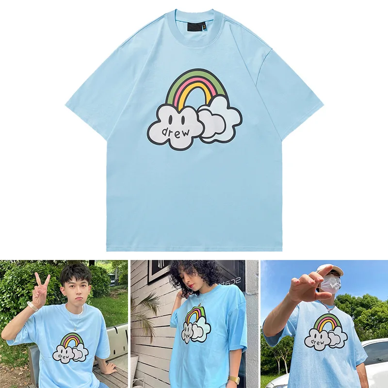 

Drew House Premium Rainbow Smiley Letter Short-Sleeve Unisex Couple's Oversized Pacific Blue T-Shirt