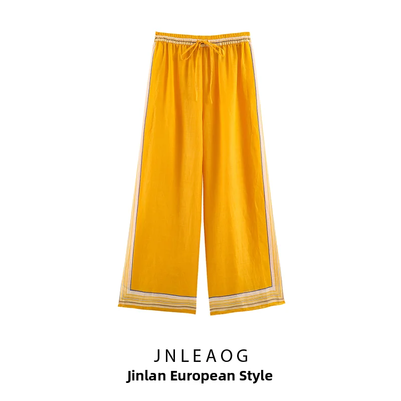 

JNLEAOG Summer New Women's Fashion Stripe Design Casual Pants Wide Leg Natural Waist Polyester Ladies Polyester Fiber