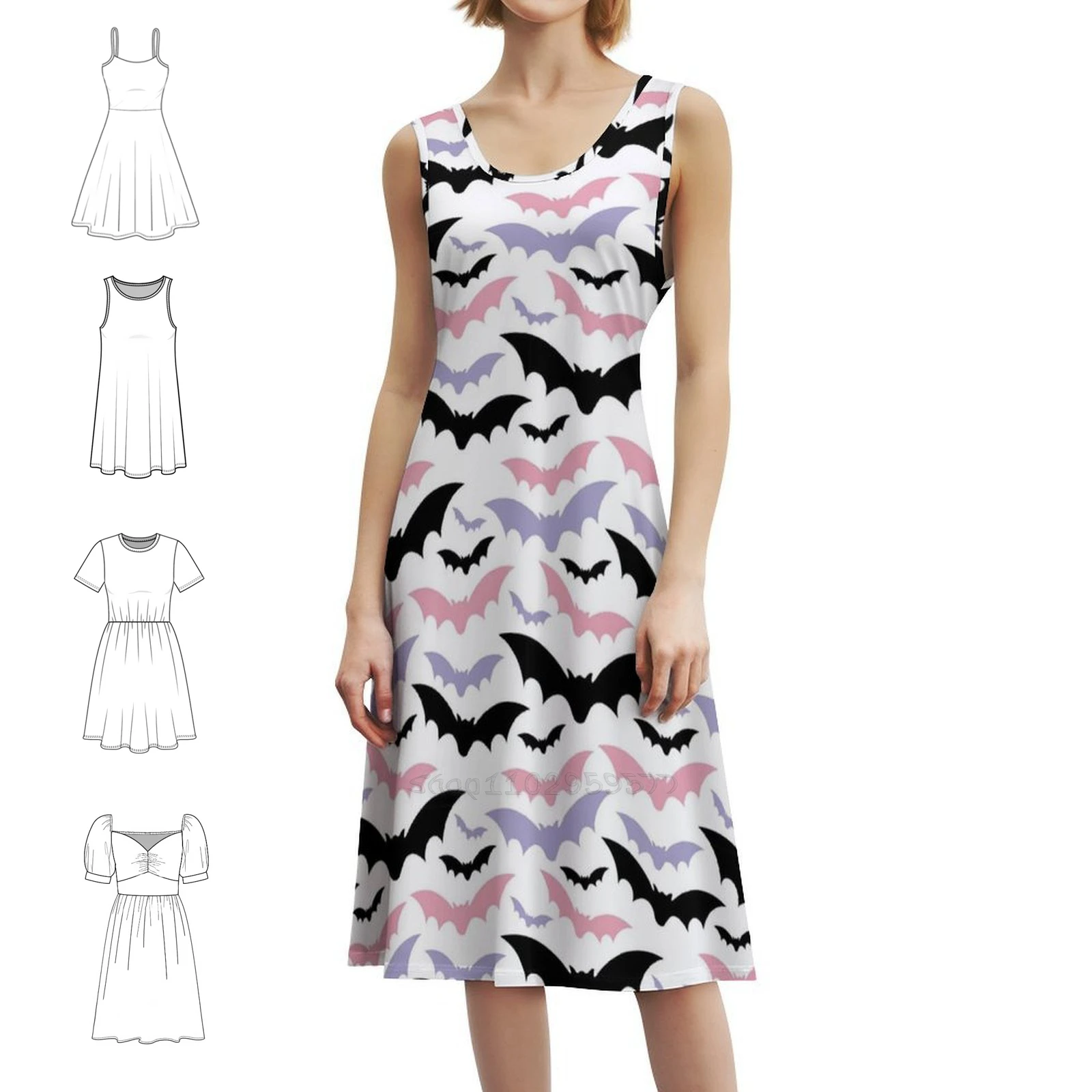 

Pastel Bats Pastel Goth Aesthetic Clothes Harajuku Bohemian Sleeveless Dress Multi-Print Beach Vacation Party Dress Pastel Bats