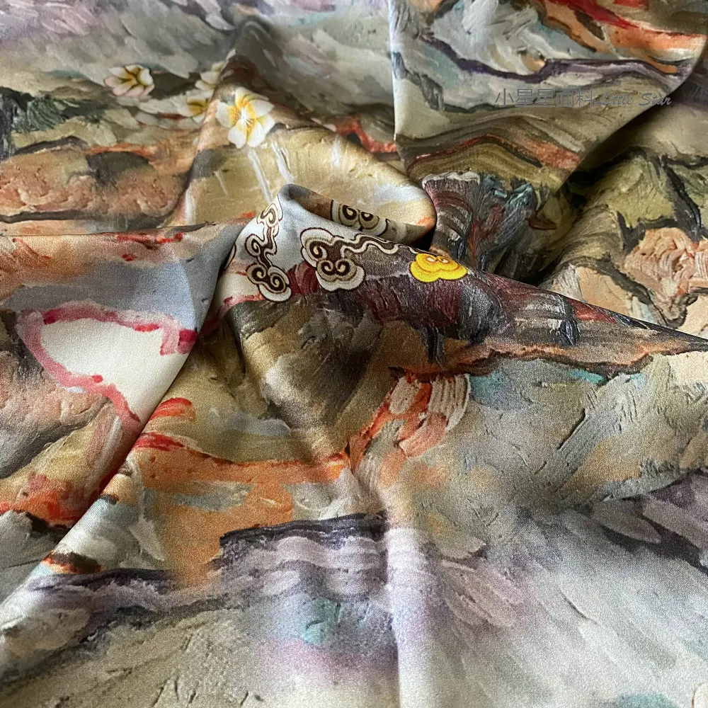 Oil Painting Vintage Silk Fabric Fabric Luxury GA Silk Crepe Satin Fabric Silkworm Silk Satin Cheongsam Blue