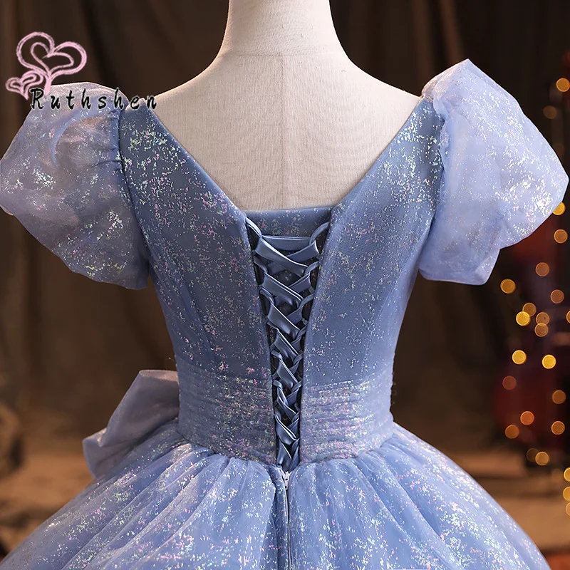 Vestido De baile De quinceañera para 15 años, nuevo Vestido azul ostentoso De baile, dulce dieciséis, manga corta, baile De graduación con lazo, 2022