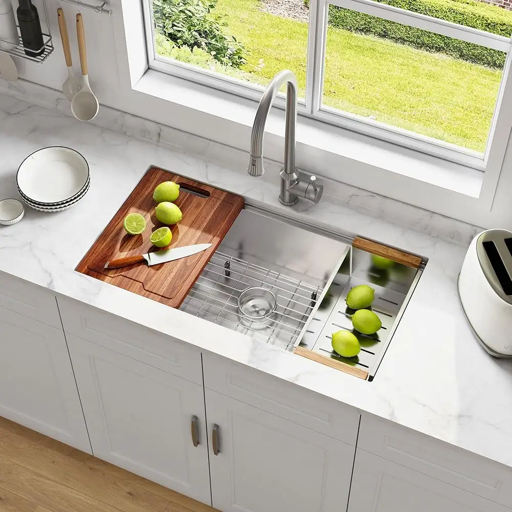 محطة عمل حوض المطبخ Undermount من الفولاذ المقاوم للصدأ مقاس 30 بوصة، وعاء واحد، ملحقات عازلة للصوت مصنوعة يدويًا عميقة