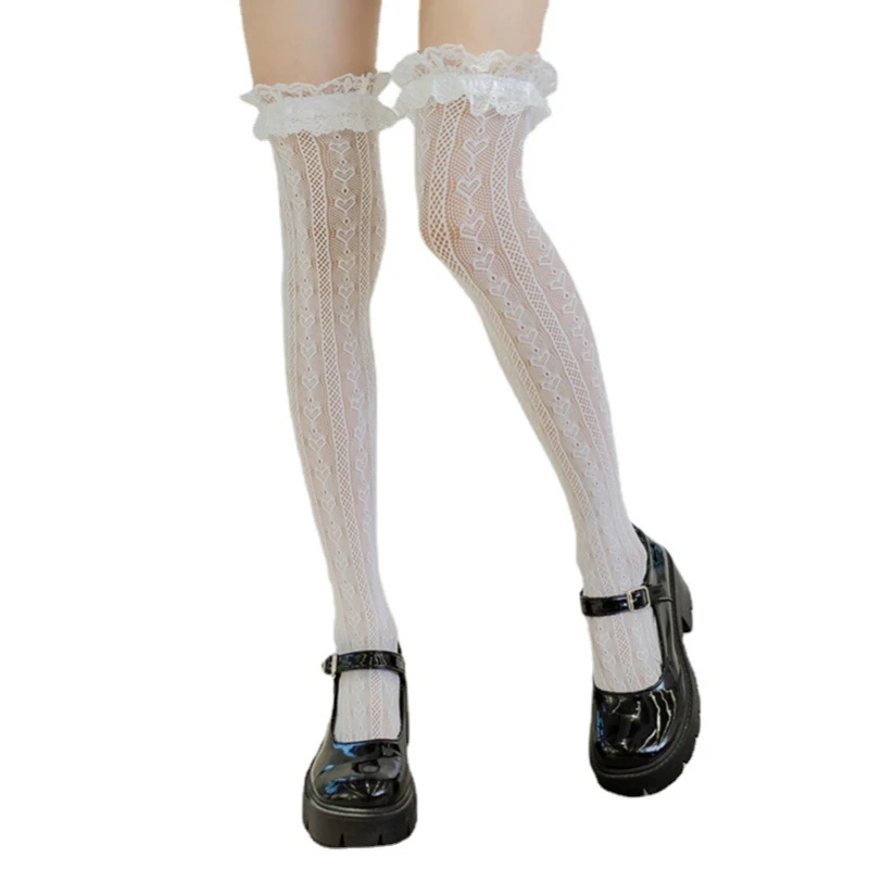 JK Woman Socks Lace Cute Black White Velvet Lolita Long Socks Sexy Knee High Socks Kawaii Cosplay Anime Ruffle Nylon Stockings