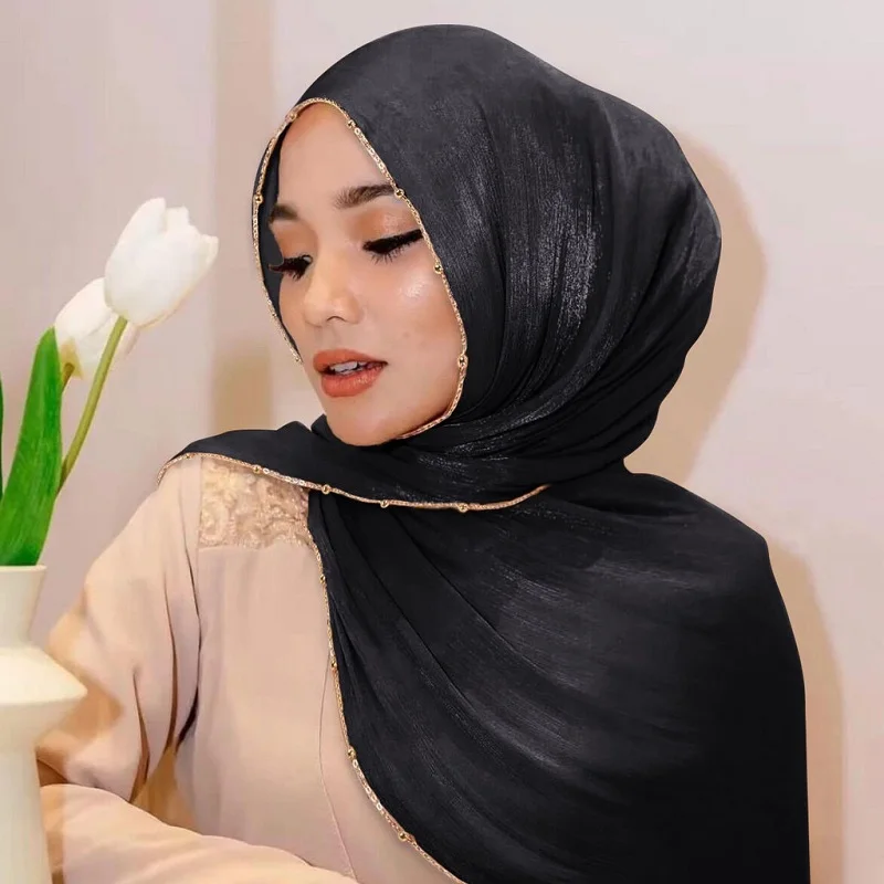 New Beading Silk Crinkle Hijab Scarf Women Shimmer Shawls Plain Muslim Women Hijabs Islam Turban Pleated Scarf Ramadan view 3