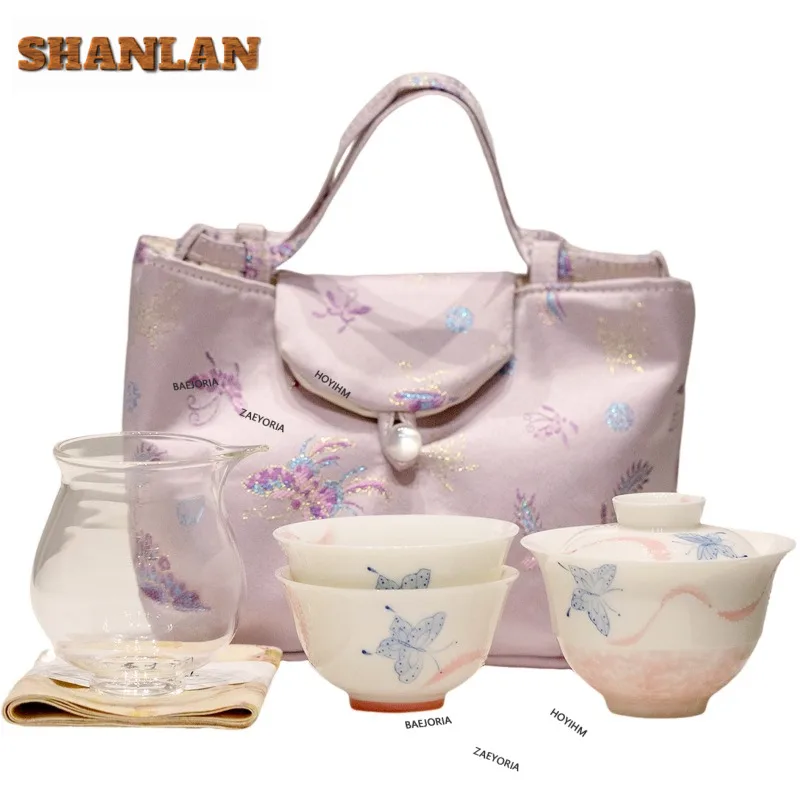 Hand-painted Green Butterfly Travel Tea Set Kit Ancient 1 Pot 2 Cups Tea Making Organizer Portable Outdoor Stock Bags Collection