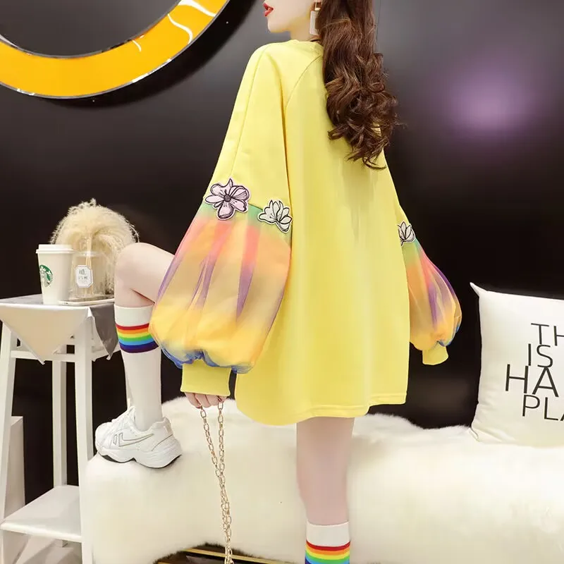 Oversized Women Hoodies Rainbow Gauze Puffy Sleeve Sweatshirt Korean Style Autumn Long Sleeve Hooded Female Pullovers Tops