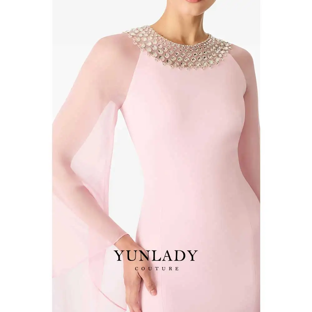 

YUNLAN Luxury Dubai O-Neck Chiffon Long Sleeves Beaded Prom Gown 2025 Special Occasions Formal Wedding Guest Black Evening Gown