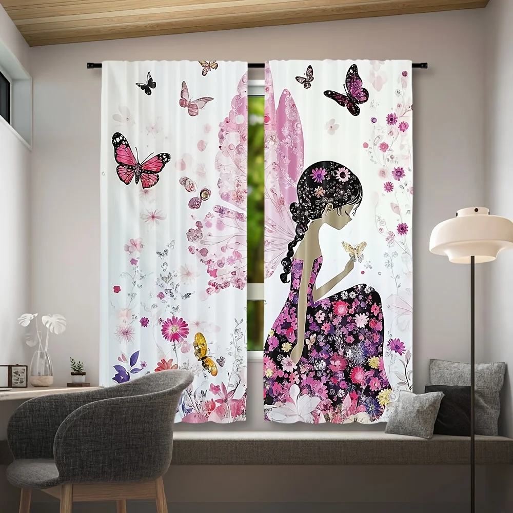 Floral Wing Fairy Blackout Rod Pocket Curtain Color Butterfly Pink Bloom Decor Girl Homestay Bedroom Rest Bay Window