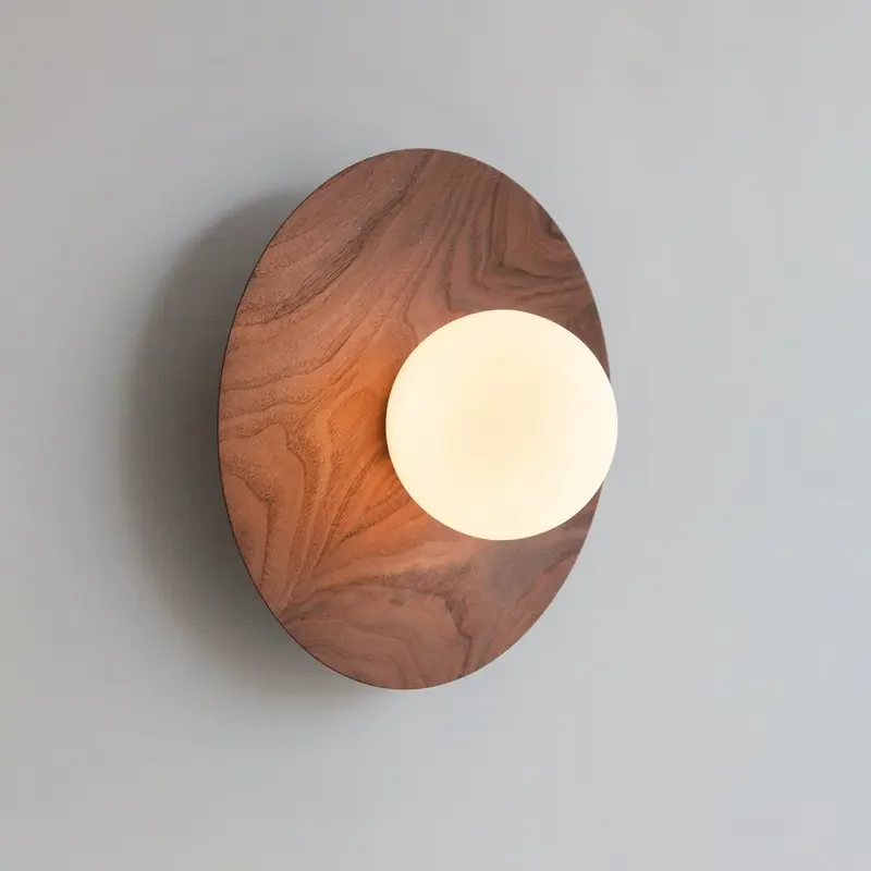 

Wood art decoration white glass ball LED wall lamp suitable for living room background wall, corridor, bedroom bedhead