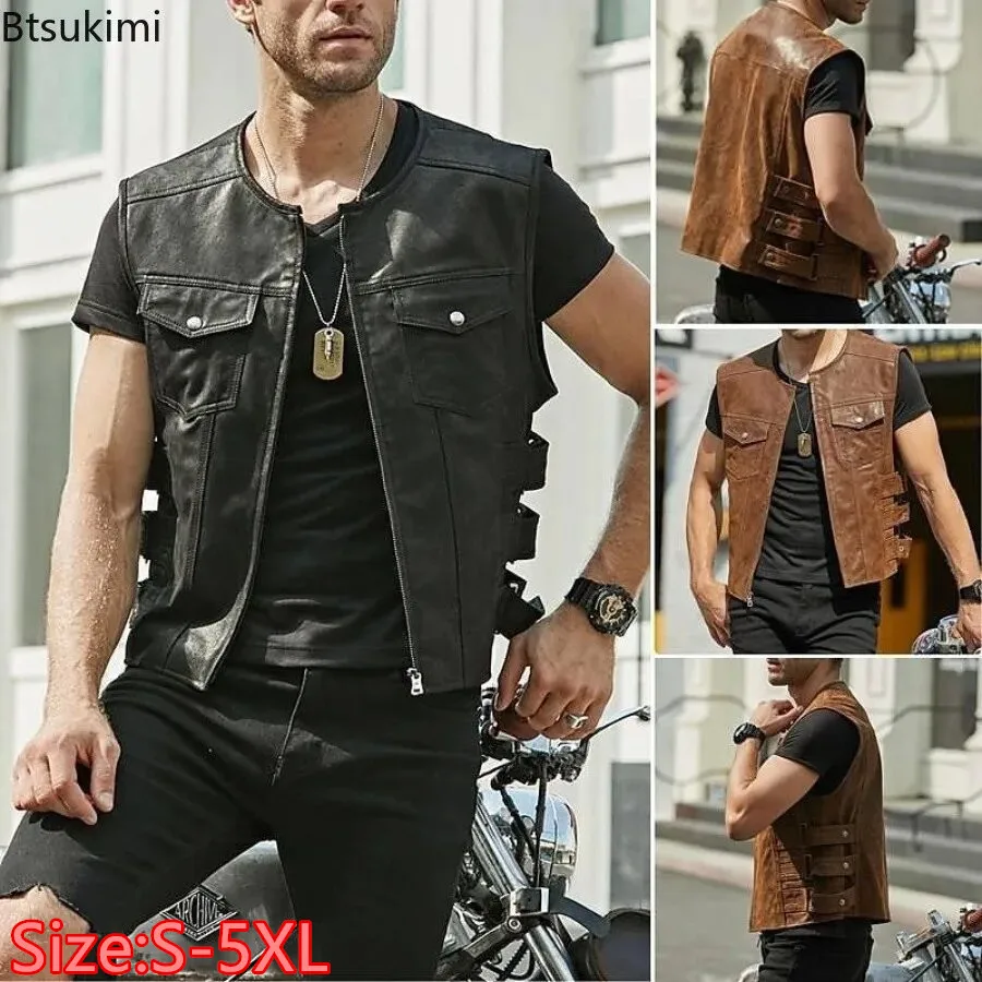 New Arrivals Fashion Men's PU Leather Motorcycle Vest Korean Style Trend Sleeveless O-neck Zip Vest Jacket Handsome Men Clothing