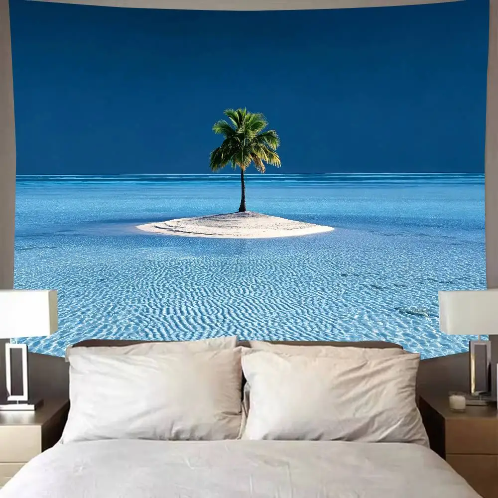 Tropical Lonely Island Tapestry, Single Palm Tree On Tiny White Sand Islet Wall Hanging, Calm Clear Blue Ocean Seascape Decor