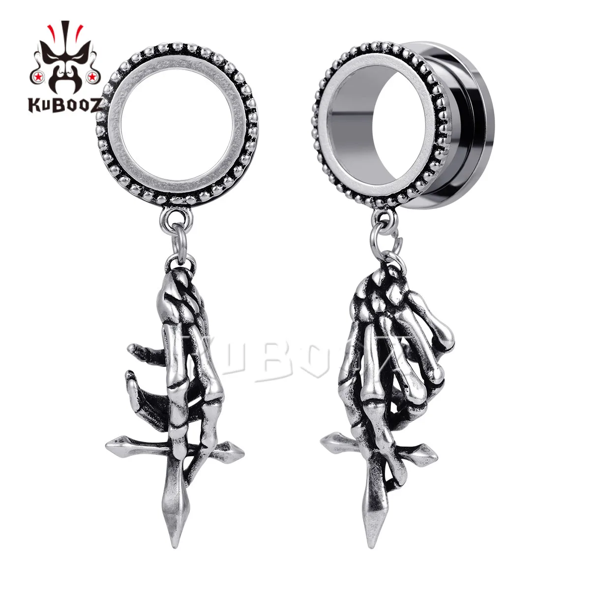 

KUBOOZ Gothic Stainless Steel Ear Tunnels 2PCS Skeleton Hand Cross Gauges Expander Dangle Stretchers Body Piercing Jewelry