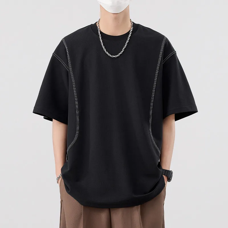 America Style Heavyweight Cotton Men's T-shirt Summer Fashion Good Quality Solid Color Chic Patchwork Short Sleeve T-shirt Male