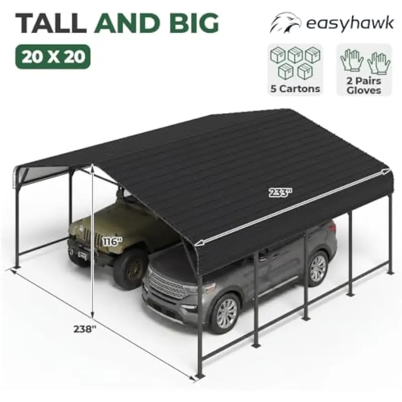 20x20 FT All-Weather Steel Carport Shelter with Sloped Galvanized Roof and Reinforced Frame for Dual Vehicles Boats Tractors Law