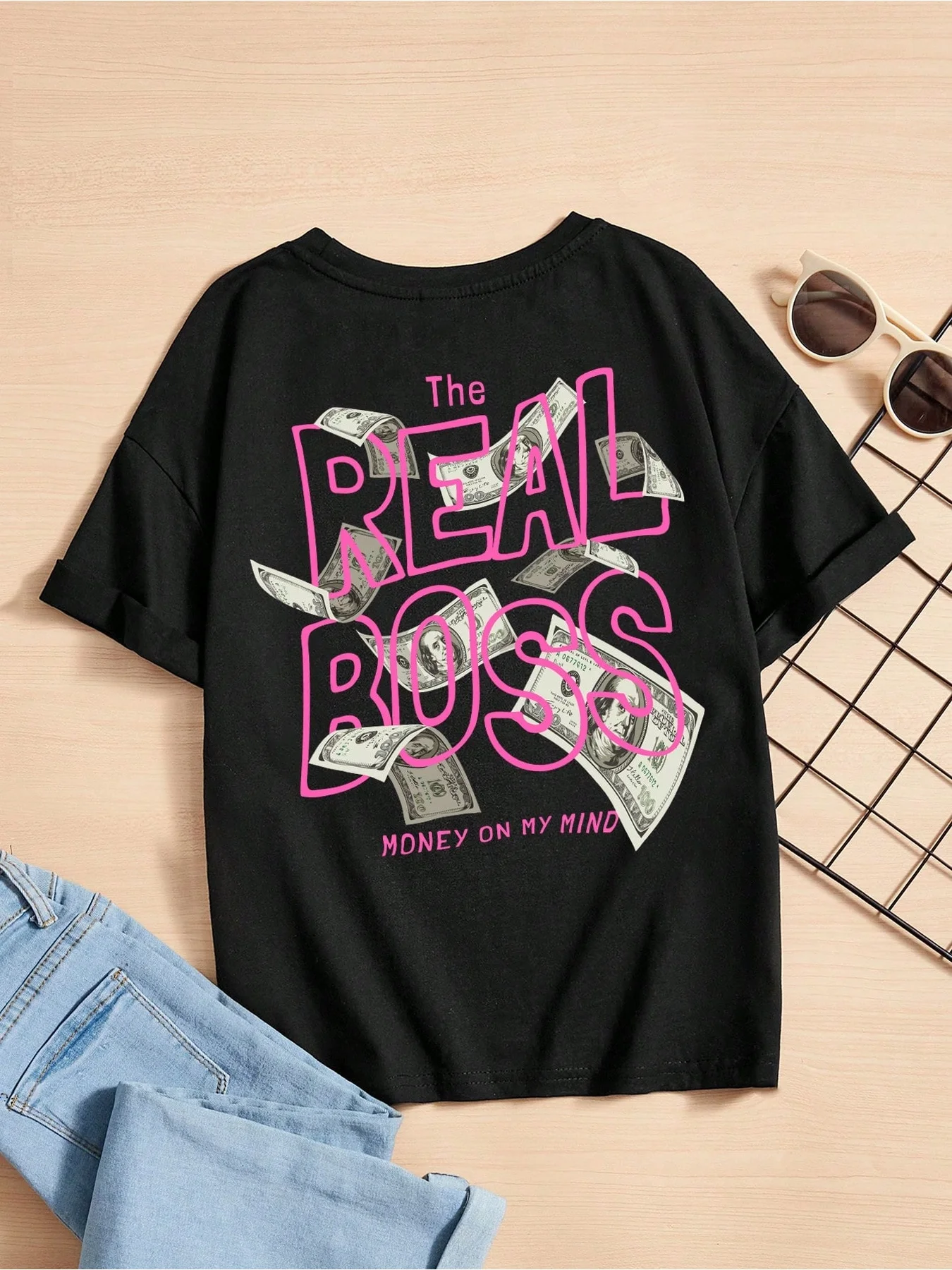 2026 casual and comfortable children's clothing back letter banknote print solid color round neck short sleeved top T-shirt