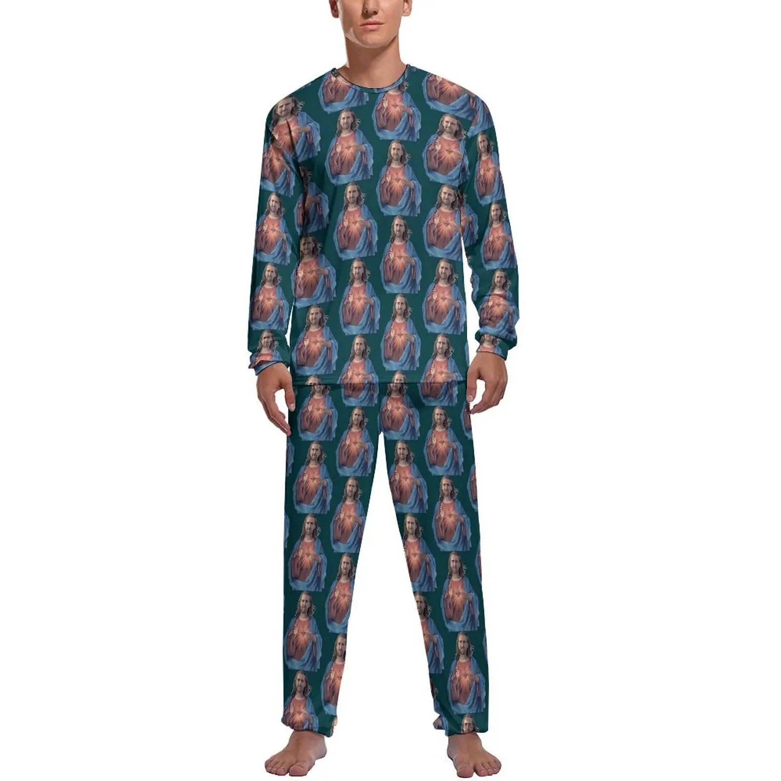 

Nicolas Cage Is Jesus Pajamas Man Warm Sleepwear Autumn Long-Sleeve 2 Pieces Home Pattern Pajama Sets