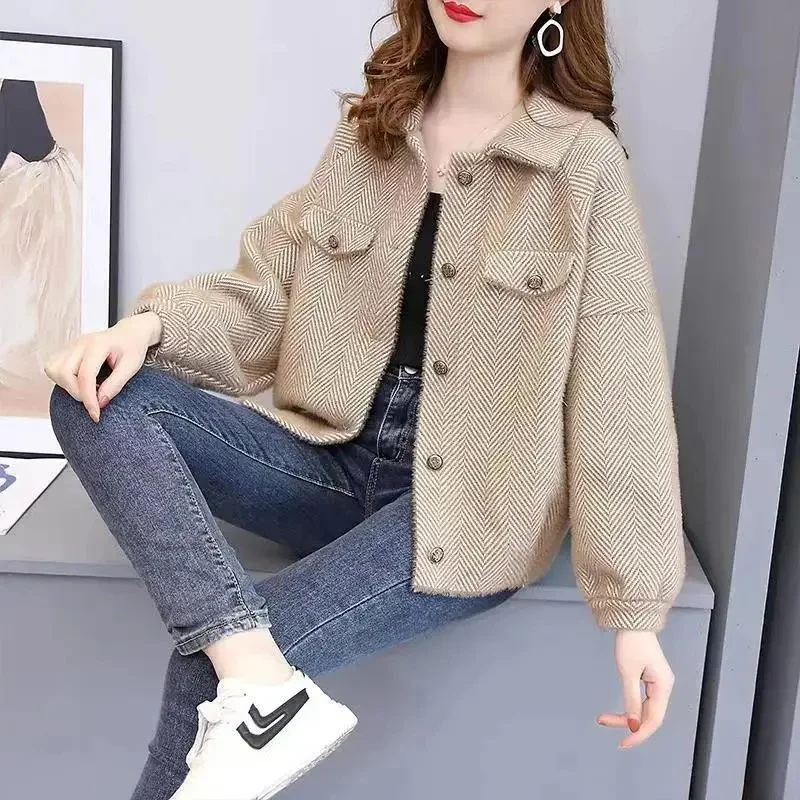 Autumn Winter Female Fashion Lmitation Mink Fur Coat Korean Women Long Sleeves Knitting Jacket Lady Loose Fitting Stripe Outwear