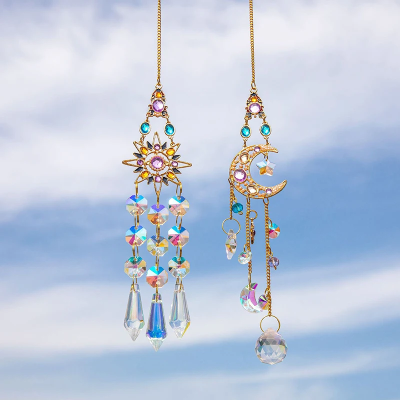 1PC Crystal Pendant Suncatcher Window Prisms Rainbow Maker Vintage Wind Chimes Sun Moon Hanging Ornament Home Garden Decoration