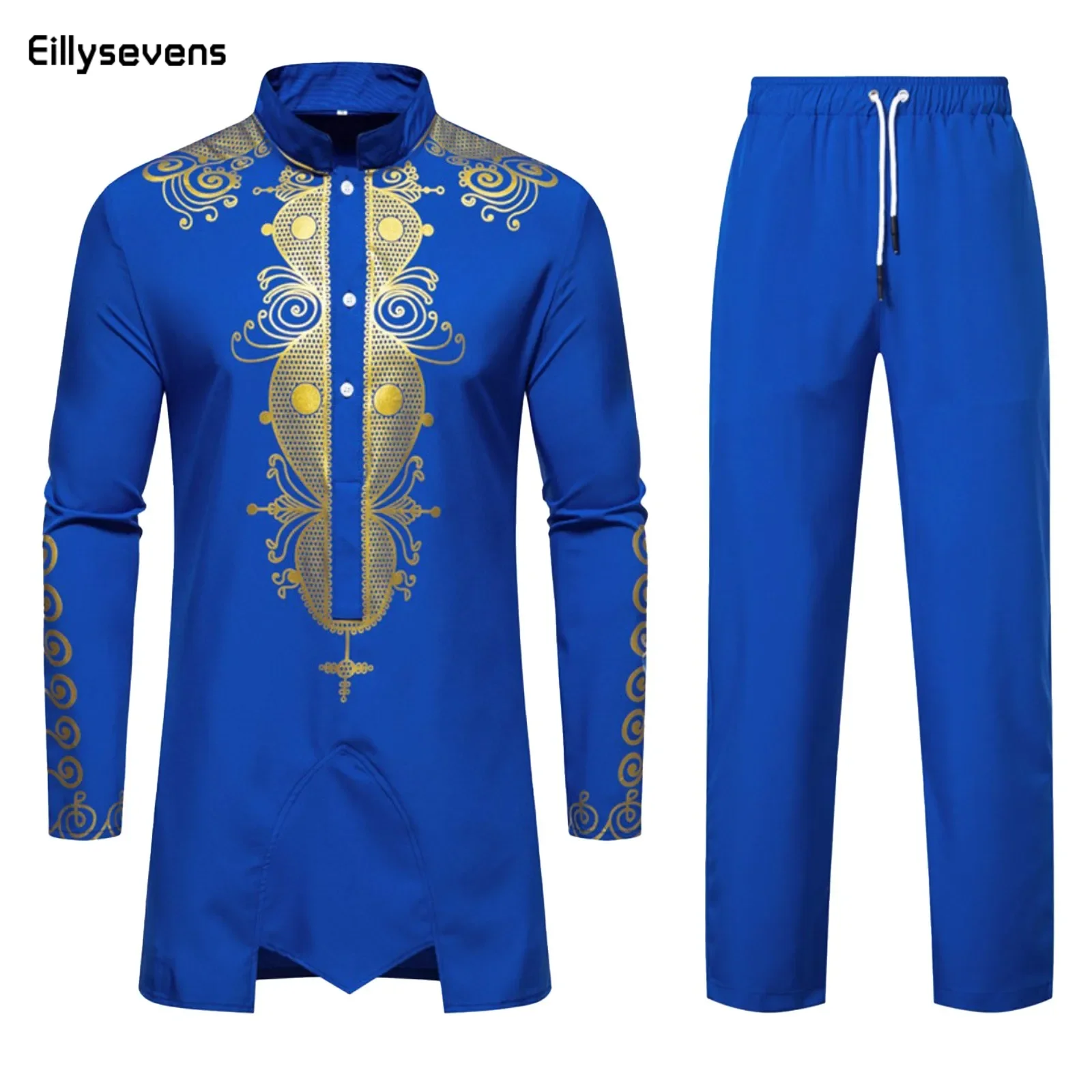 

Men'S Social Suits Set Of 2 Mens Crewneck Long Sleeves Solid Color Paneled Shirts Festival Party African Ethnic Style