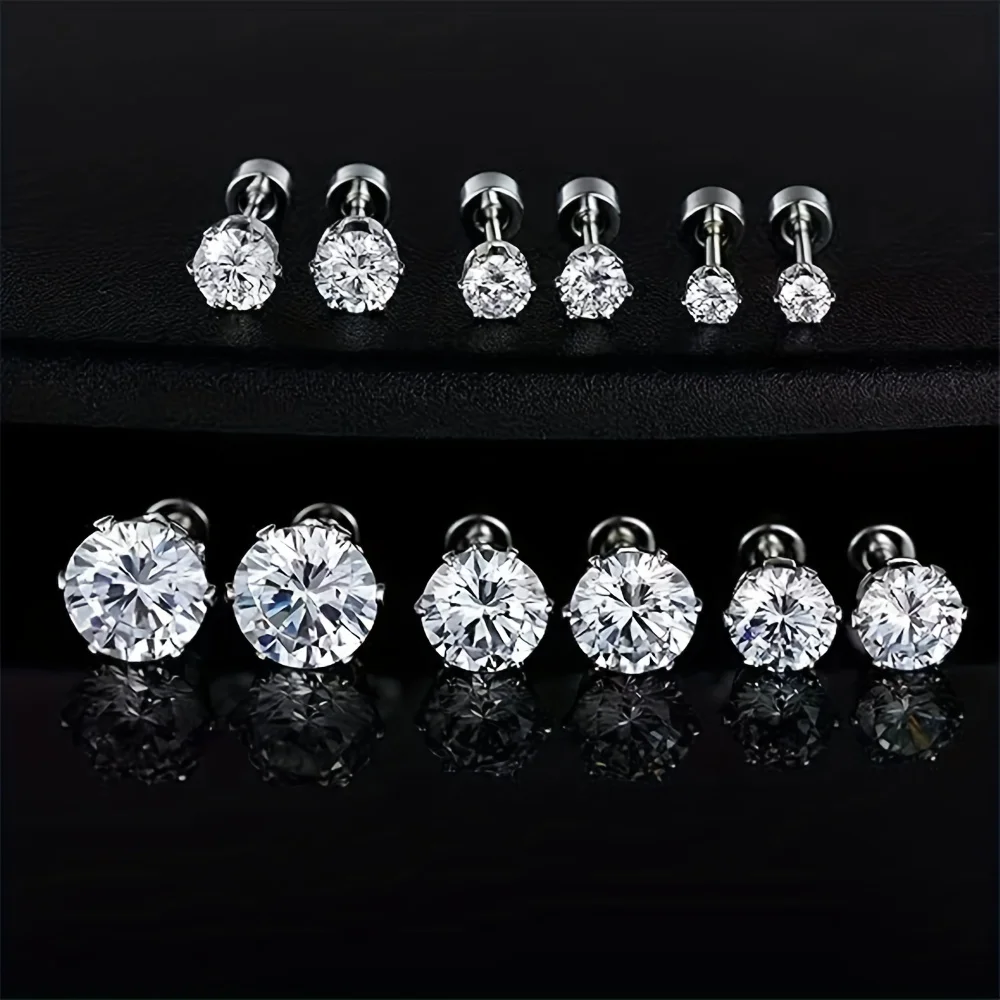 12/24pcs Stainless Steel Cubic Zirconia 6 Prong Flat Screw Back Tragus Cartilage Stud Earrings For Men Women Piercing Jewelry