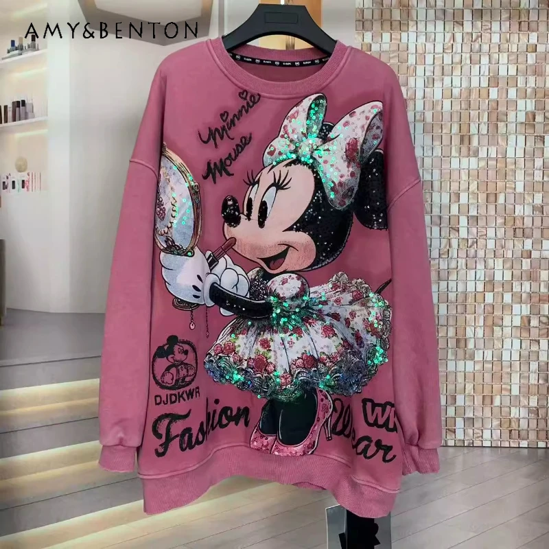 Loose Coat Jacket Fashion Thickened Crew Neck Sweatshirt Autumn Winter Fleece Lined Heavy Industry Rhinestone Cartoon Hoodies