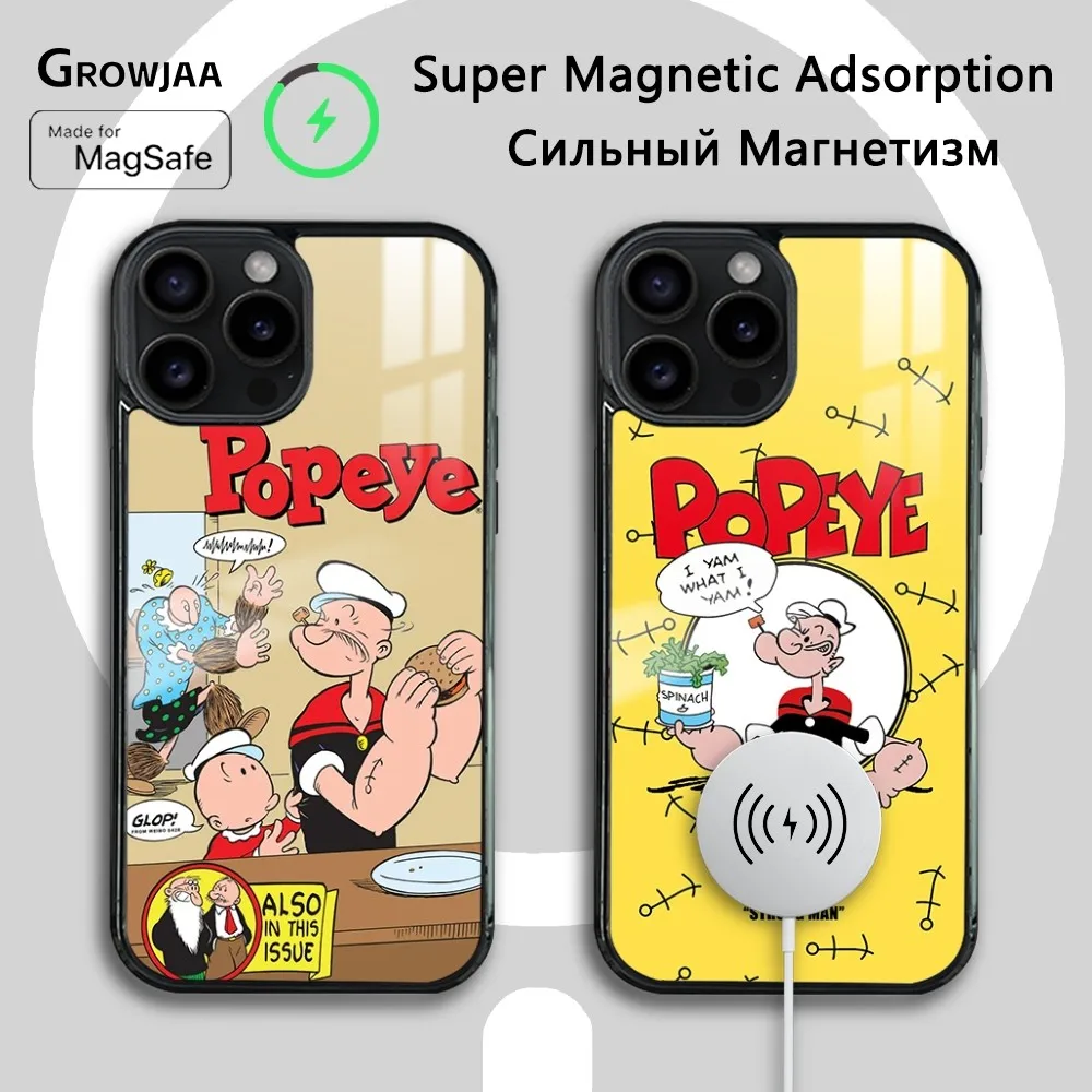 P-Popeye C-Classic Cartoon Phone Case For iPhone 16 15 14 13 12 11 Pro Max Plus Mini Magsafe Mirror Wireless Magnetic Cover