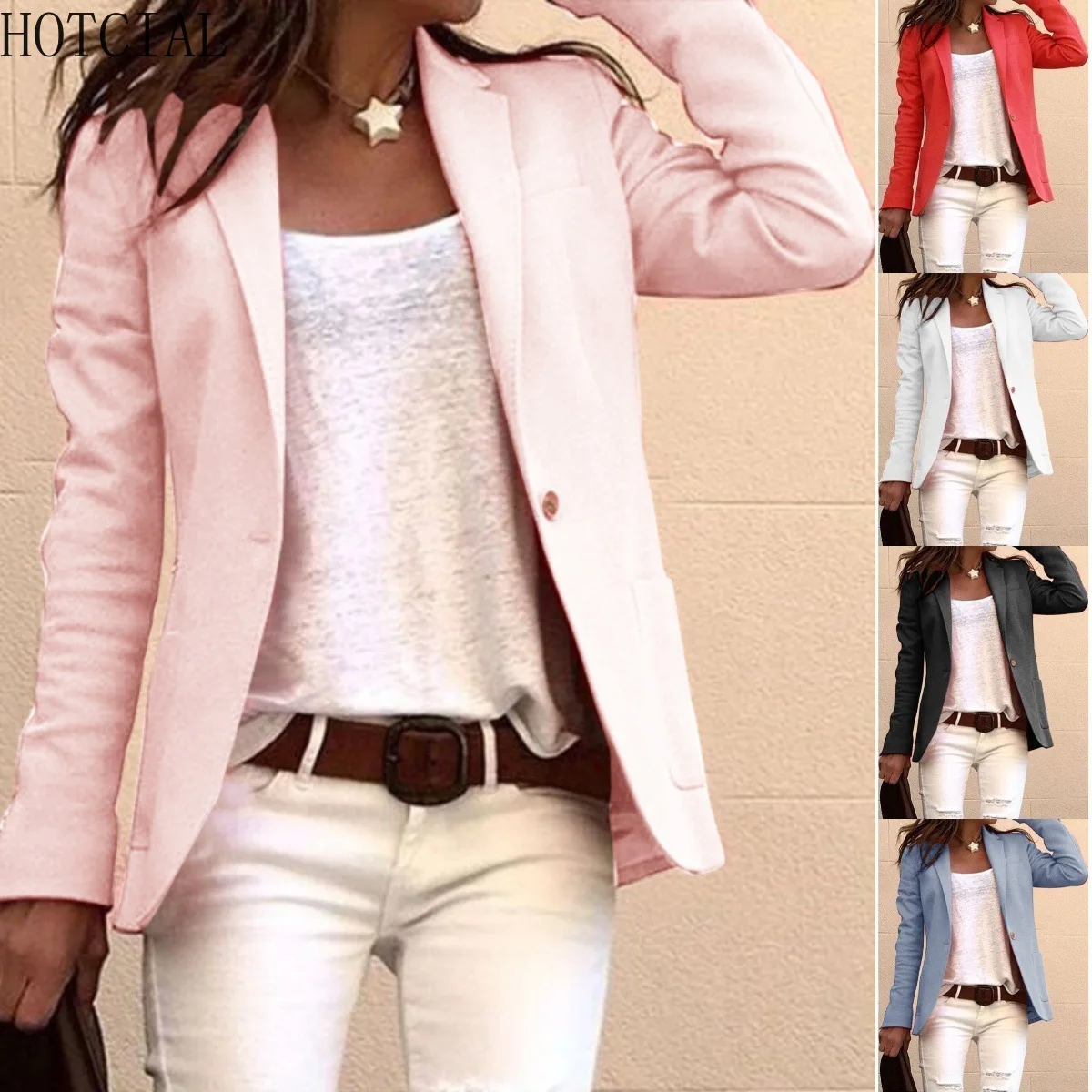 

HOTCIAL Women‘s Candy Color Blazer Long Sleeve Slim Fit Work Jacket Office Formal Spring Autumn Casual Business Suit Coat Women
