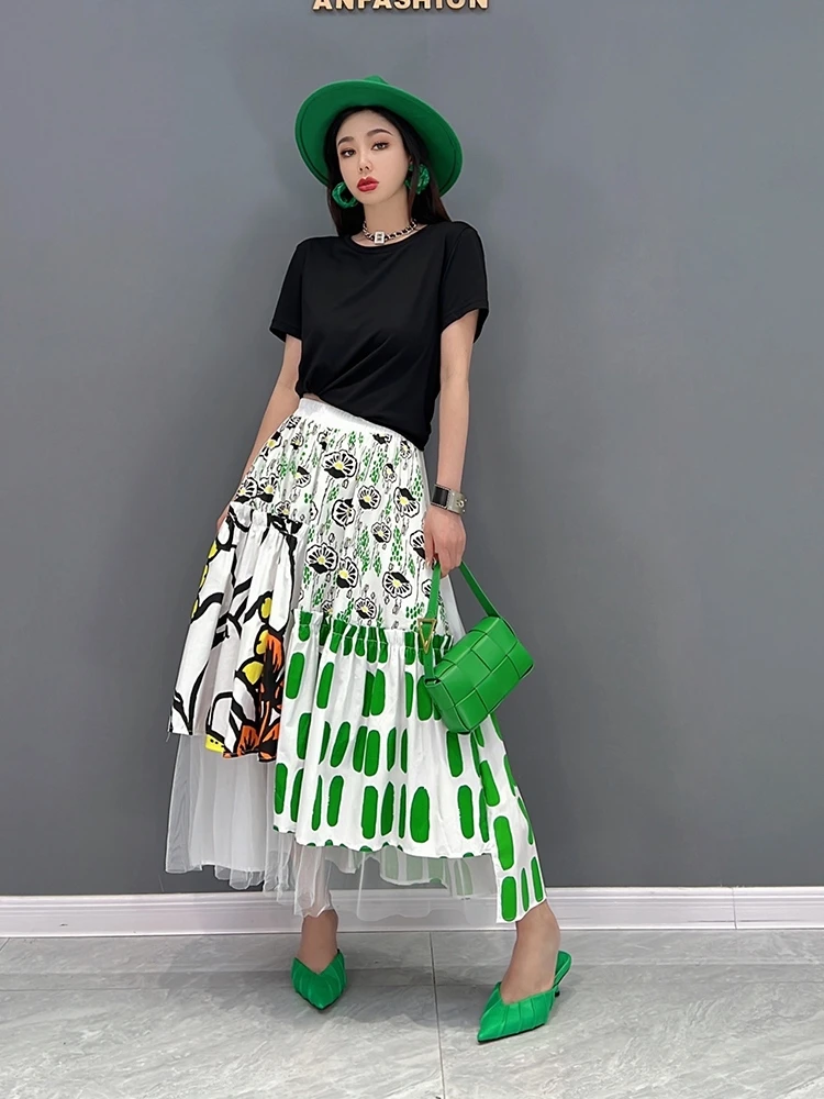 SuperAen 2022 Summer New Fashion Casual Printing Mesh Splicing Big Swing Casual A-LINE Skirts Womens