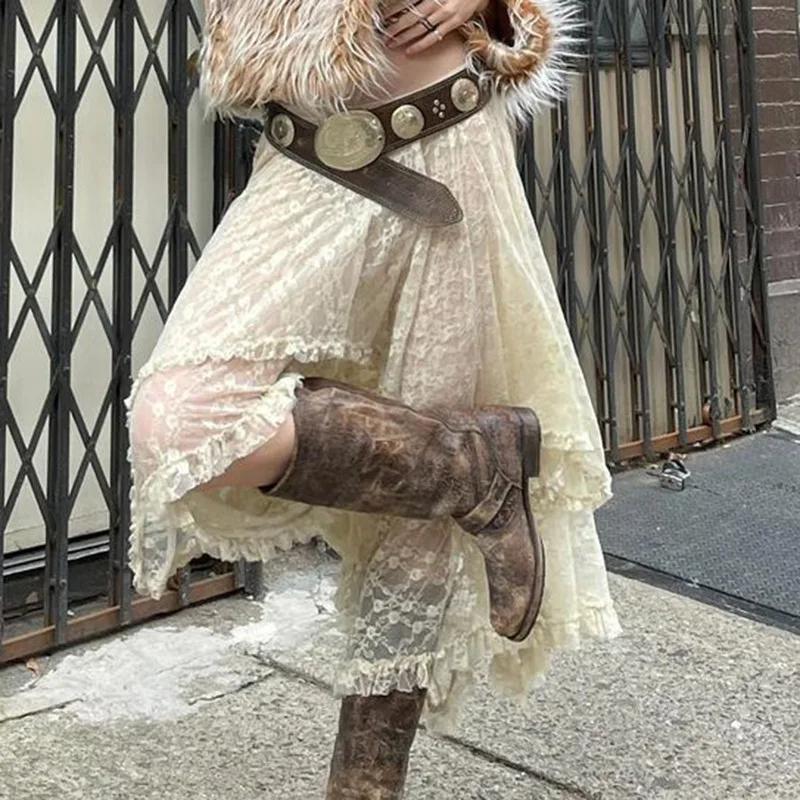 Retro American Lace Uneven Hem Pure Color  Skirt Thin Summer Long Skirt Girl Sle Sweet And Spicy Scene Irregular Skirt
