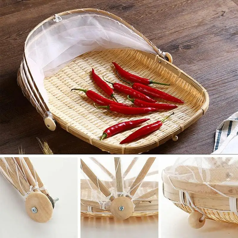 Serving Tent Basket Hand Woven Picnic Basket Bread Baskets Hand-Woven Dustpan With Mesh Gauze Cover With Lid For Vegetable Fruit